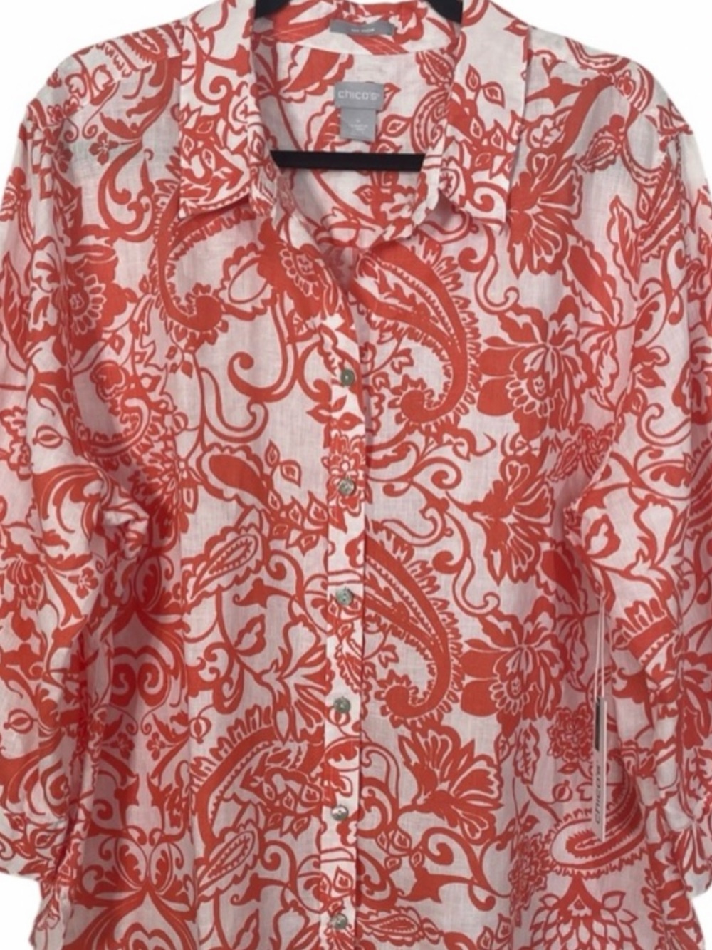 NWT Chico's Orange and White Paisley Button-Down Shirt